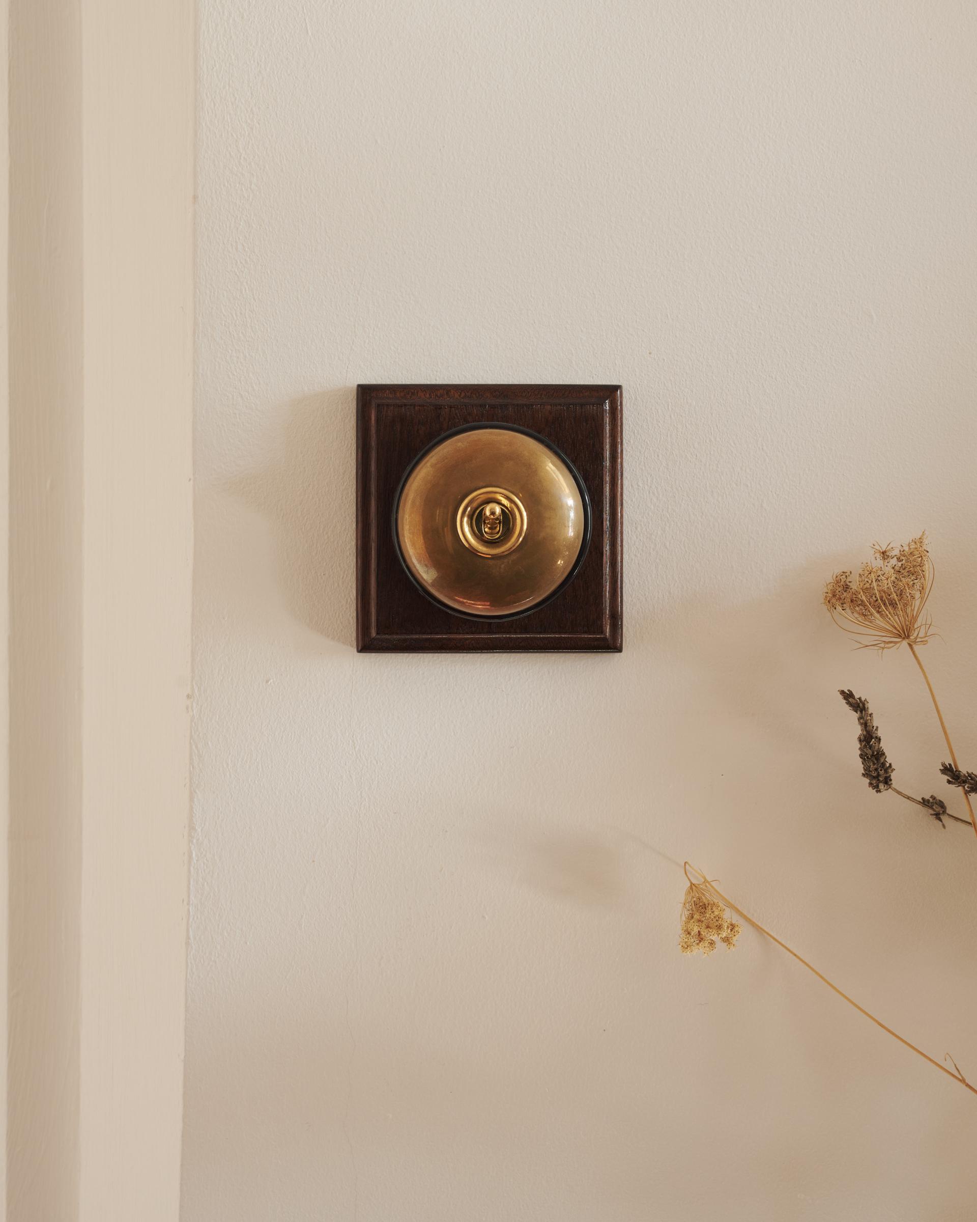 A deVOL Dolly Toggle Switch in Heirloom Brass fitted to a richly stained Sapele pattress.