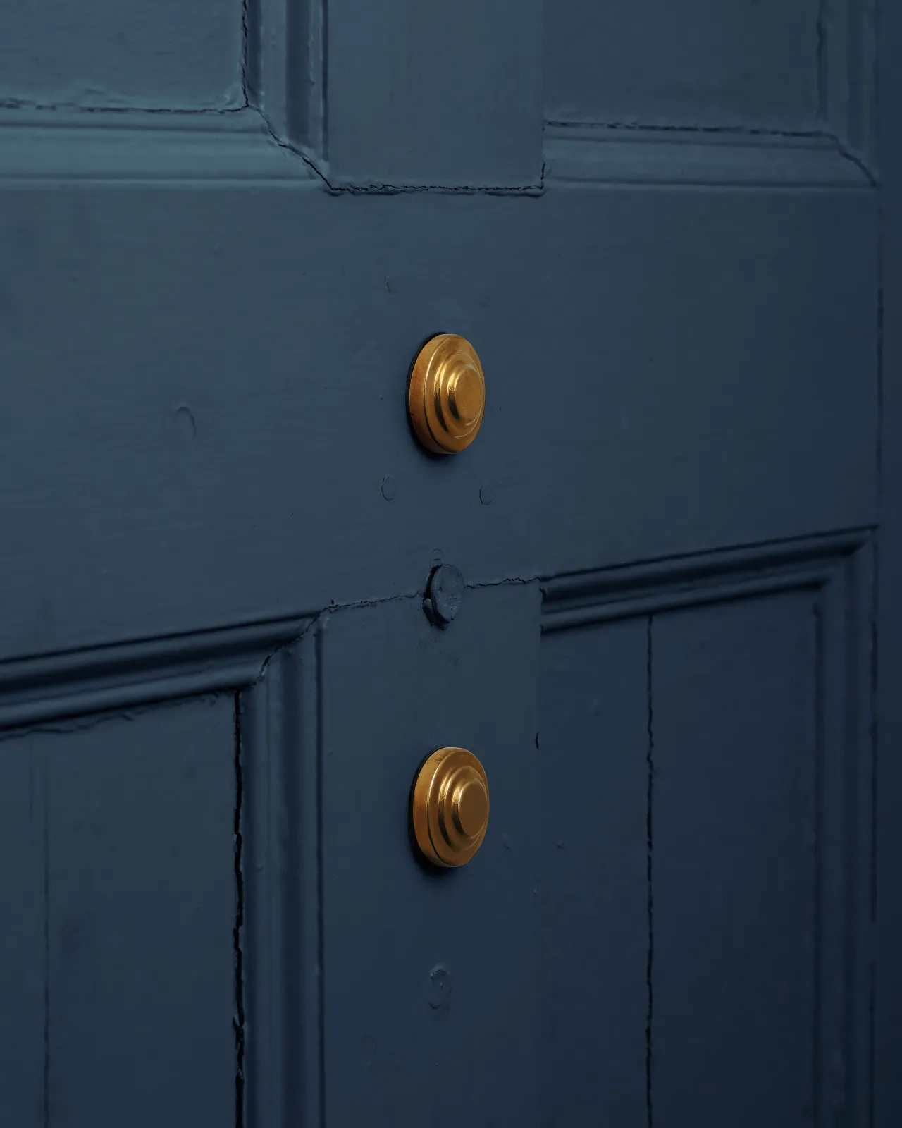 An oblique view of two brass circular fixings on the back of a blue pianted door.