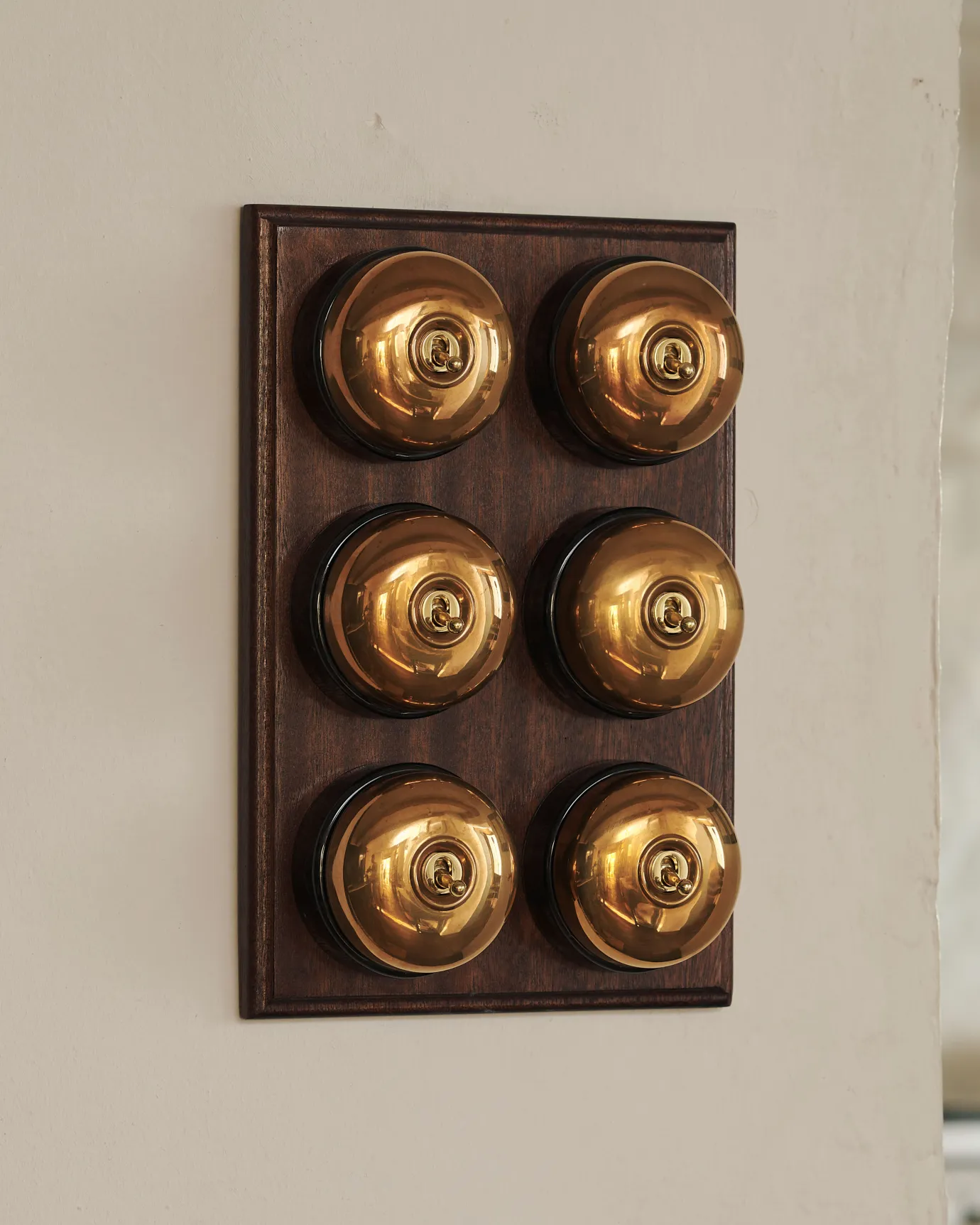 A 6 gang bank of Dolly toggle light switches in an Heirloom Brass finish, with black ceramic bases and a Stained Sapele pattress.