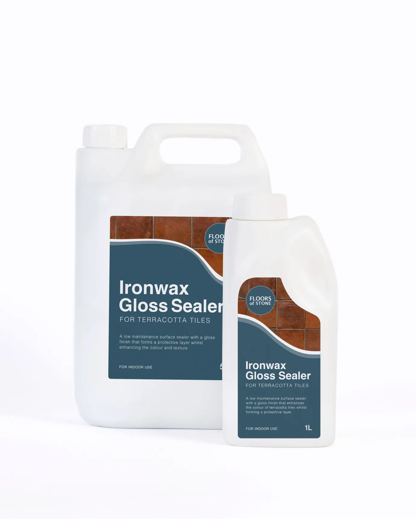 A cut-out image of a 5L and 1L bottle of Ironwax Gloss Sealer for terracotta tiles by Floors of Stone.