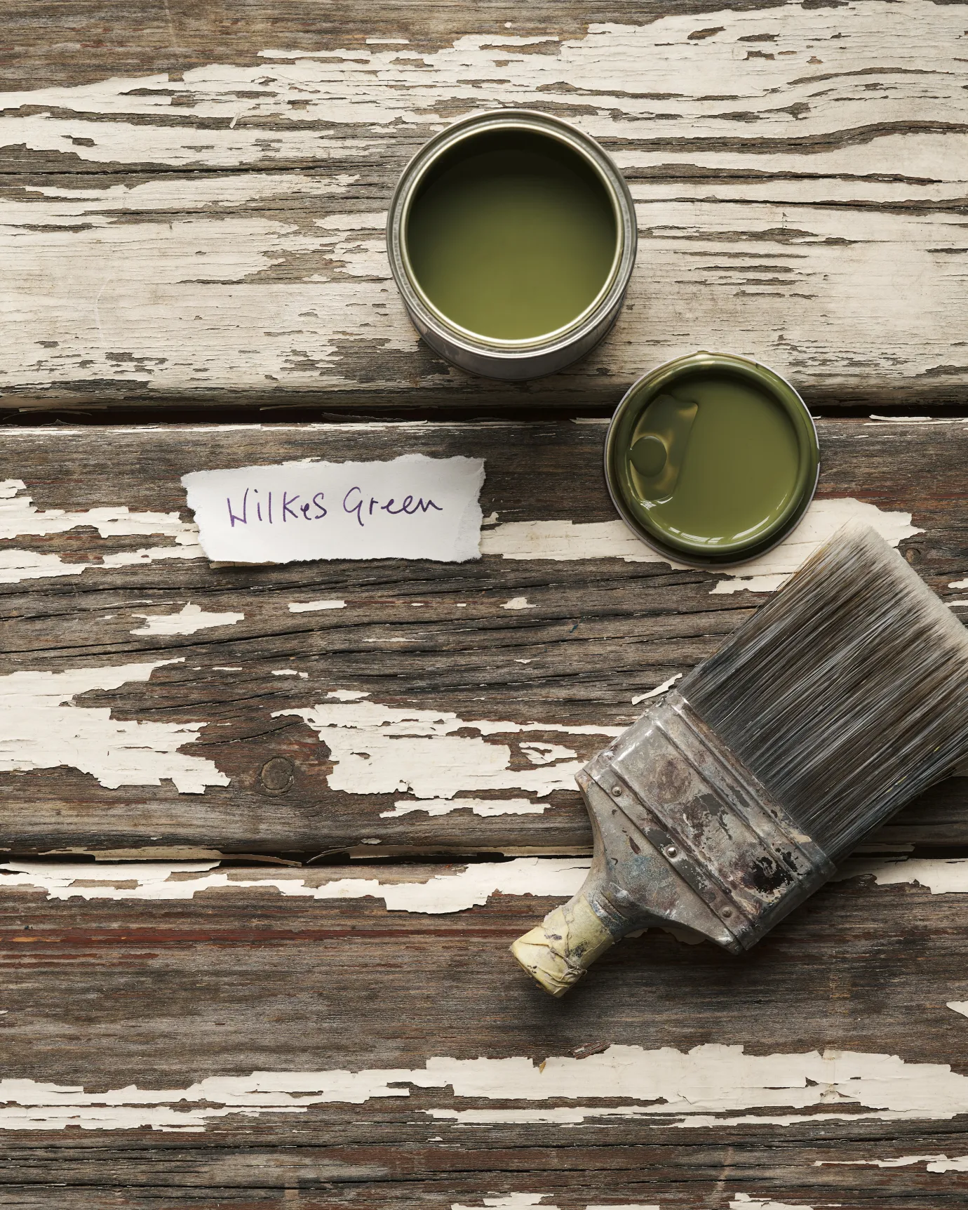 An overhead view of an open paint pot and a worn brush on a rustic tabletop. The mossy green colour inside is labelled 'Wilkes Green'.